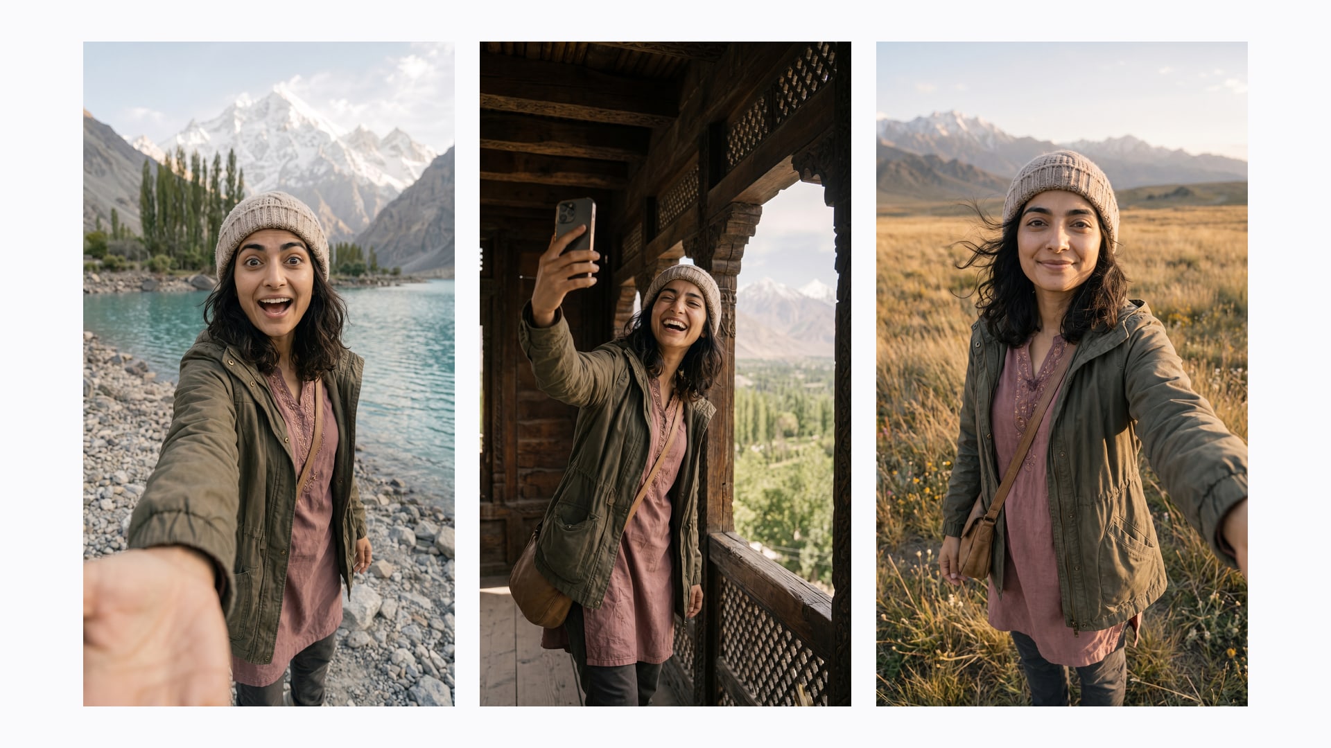 Three film frames with the same AI persona