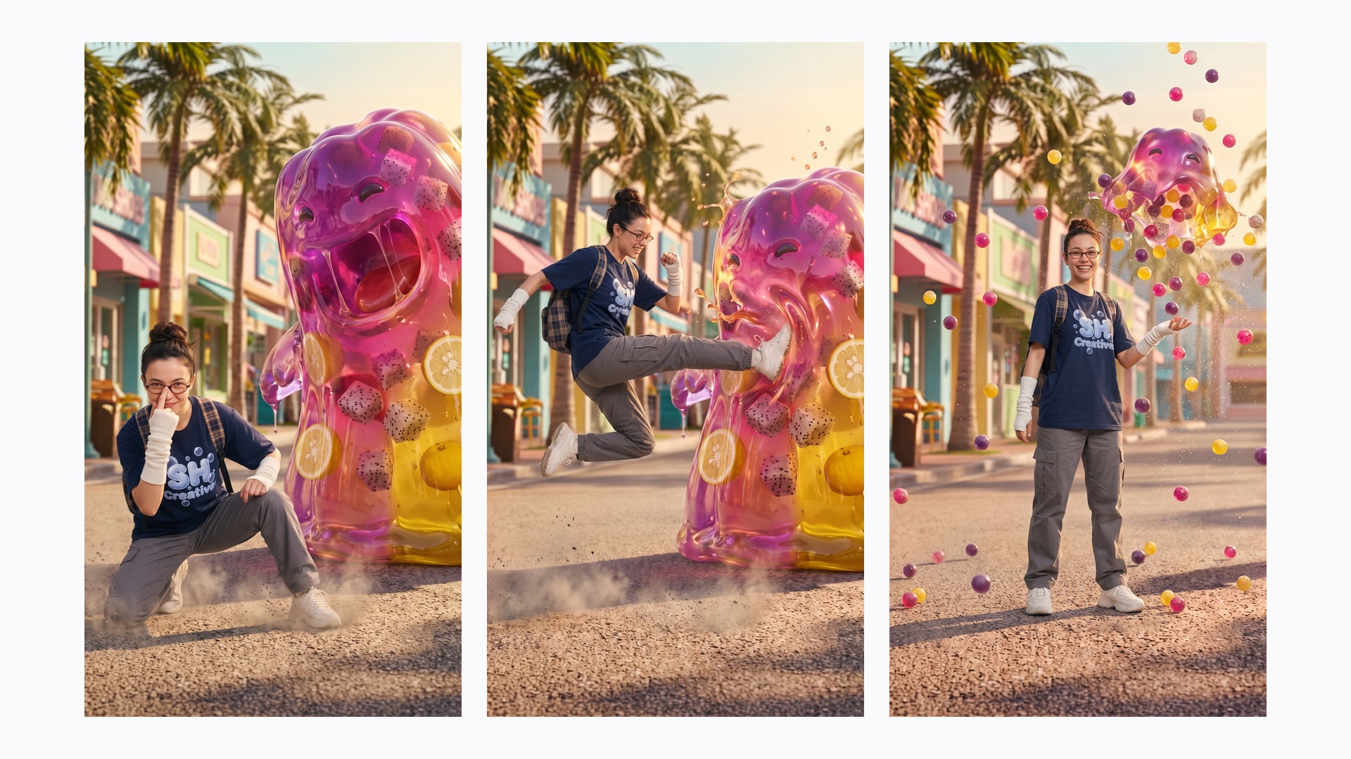 Three film frames with the same hero